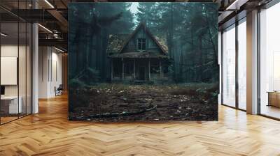 An old abandoned broken wooden house in the middle of the forest like a scene from a western movie. Concept of horror with ghosts.  Wall mural